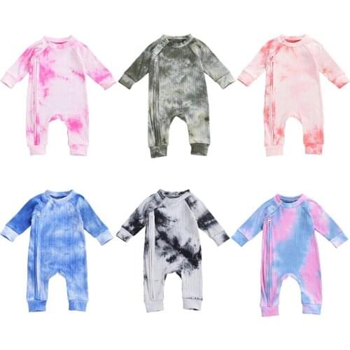 0-24M Newborn Baby Girl Boy Tie dye Romper Fashion Zipper Long Sleeve Colorful Jumpsuit Spring Fall Baby Clothing Ribbed Outfits