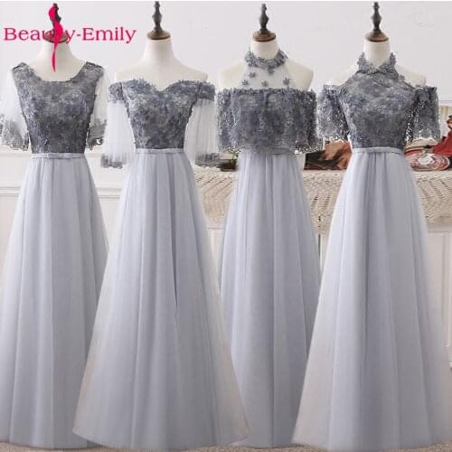 Beauty Emily Long Elegant A-line Grey Evening Dresses 2020 Half Sleeve Appliques Beads Wedding Party Occasion Prom Dresses
