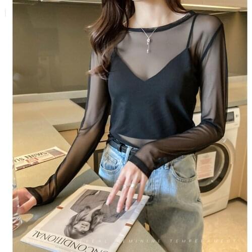 GGRIGHT 2021 Solid O-Neck Mesh Black Y2K Long Sleeve Women Summer Spring Basic Sexy Party 90S Casual T Shirts Transparent