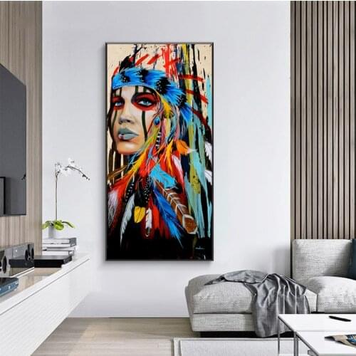 Wall Art Posters and Prints Colorful Girl Feathered Canvas Painting American Native Women Picture for Living Room Home Decor