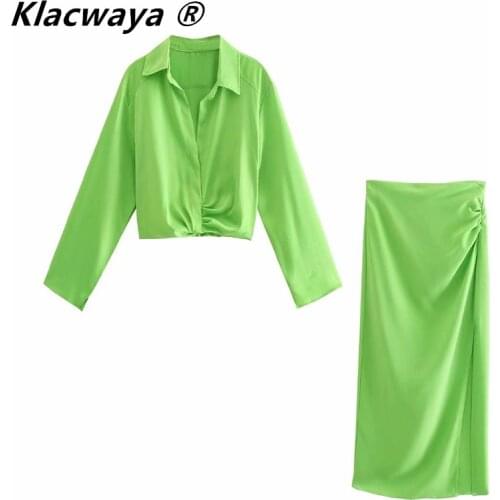 Klacwaya 2021 Women Two Pieces Set Ladies Pleated Back Elastic Blouses Vintage Shirts Female Hem Slit Pencil Midi Skirts Suit