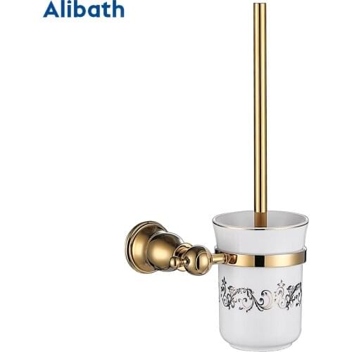 Round Toilet Brush Holder Brushed Gold Finish Bathroom Cleaning Holder Solid Brass Toilet Holder with Glass Cup