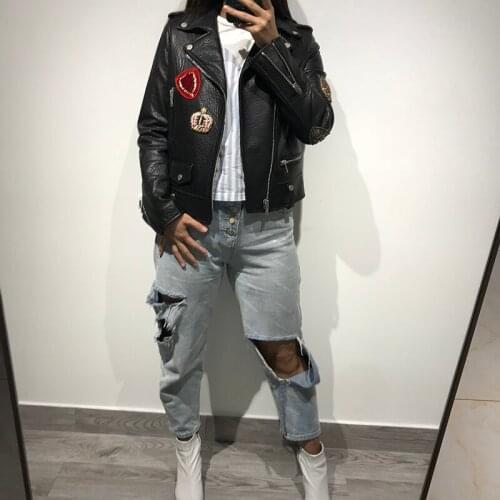 Women genuine leather jacket ladies beading lamb skin jacket