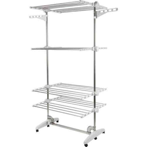 Hot 4 Tiers Adjustable Telescopic Rolling Clothing Garment Clothes Airer Horse Stainless Laundry Rack Folding Hanging Drying HWC
