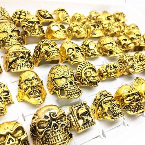 MixMax 20/50/100pcs Mix Skull Rings Punk Style Skeleton Jewelry Ring for Men Women Gold/Gray/Black/Silver Color
