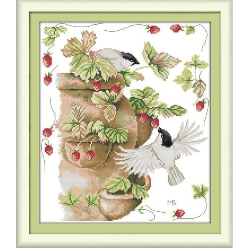 Birds and strawberries cross stitch kit aida 14ct 11ct count printed canvas stitches embroidery DIY handmade needlework