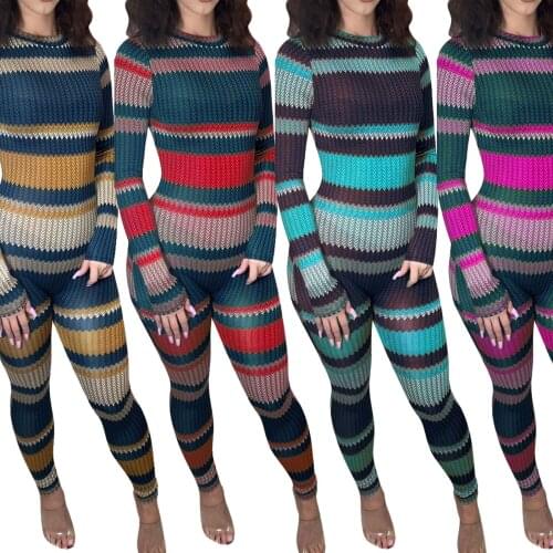 Autumn Striped Print Bodycon Jumpsuit Women Skinny Active Wear O-neck Sexy Club Rompers Long Sleeve One Piece Overalls