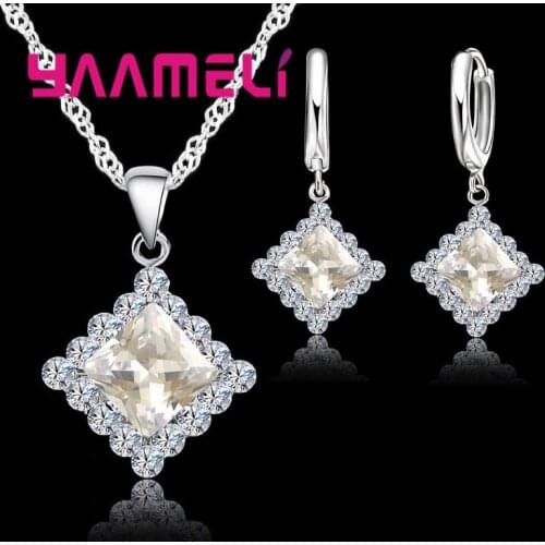 New Fashion Multiple Color Square Crystal Necklaces/Pendants/Earrings 925 Sterling Silver Jewelry Set For Women