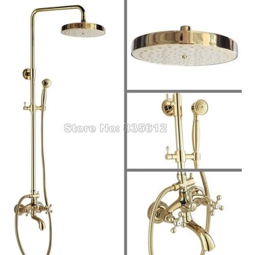 Gold Color Brass 7.7" Shower Head Rain Shower Faucet Set Bathroom Dual Cross Handles Wall Mounted Bathtub Mixer Tap Wgf445