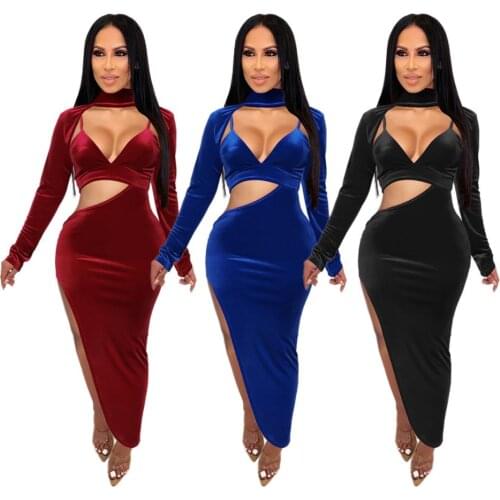 Sexy Turtleneck Velvet Dress Women Winter Long Sleeve Hollow Out Warm Dress Elegant Bodycon Split Black Evening Party Dresses