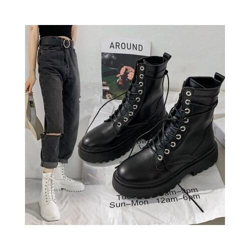 SZSGCN White Black PU Leather Ankle Boots Women Autumn Winter Round Toe Lace Up Shoes Woman Fashion Motorcycle Platform Botas