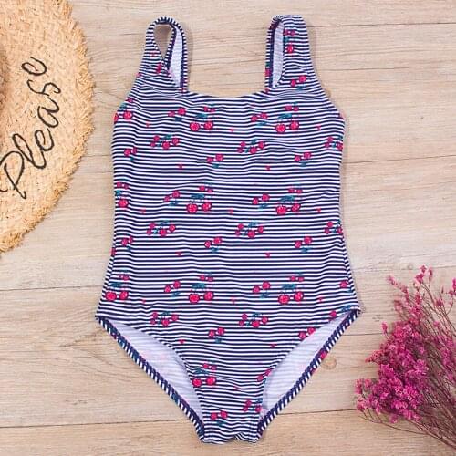 Cherry&Striped Girls One Piece Swimsuit Kids Childrens Swimwear 7-14 Years Girl Bathing Suit Monokini Swimming Summer Beachwear