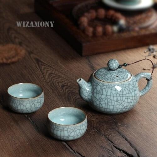 WIZAMONY 3 Piece Set Top Grade Chinese Longquan Celadon Di Kiln Handcrafted Gift Package Porcelain Kungfu Tea Set High Quality