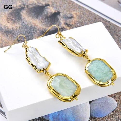 GuaiGuai Jewelry Biwa Pearl Amazonite Golden Plated Hook Earrings