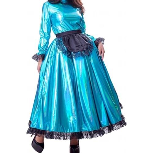 Women Long Dress Puff Sleeve Metallic Pleated Sissy Dresses with Lace Apron Fashion Cosplay Costume Plus Size 7XL