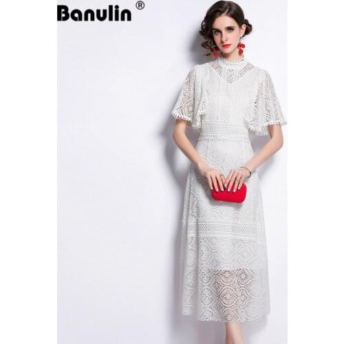 Runway Elegant Stand Collar Women Lace Dress Hollow Out Slim Flare Sleeve Long Dress 2021 Spring High Waist Party Vestidos