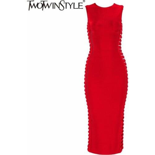 TWOTWINSTYLE Hollow Out Slim Dress For Women O Neck Sleeveless High Waist Midi Red Dresses Female Fashion Clothing 2020 Summer