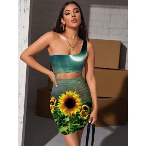 Giyu Brand Sunflower Dress Women Galaxy Bodycon Dress Moon Hollow out Dresses Nebula Pleating Womens Clothing Club Short