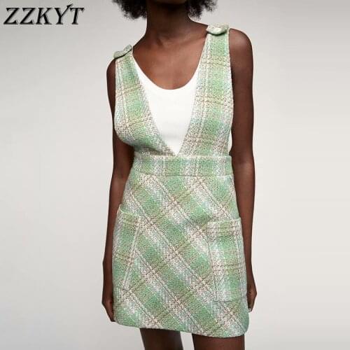 ZZKYT 2021 Women Summer Vintage Plaid Button Mini Dress Fashion V Neck Fly Side Pockets Female Casual Chic Dresses Vestidos