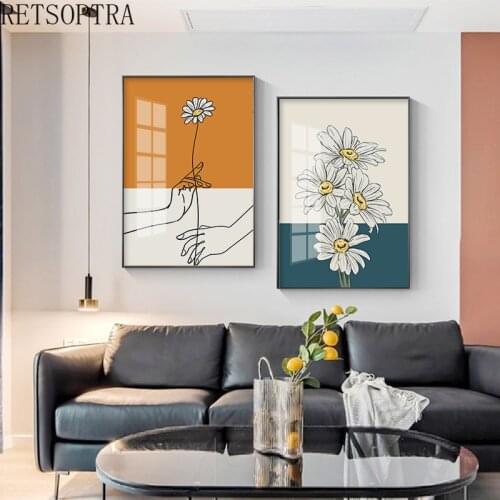 2021 Modern Simple Abstract Line Wall Art Beautiful Daisy Flower Print Canvas Poster Woman Hands Figure Orange Color Watercolor
