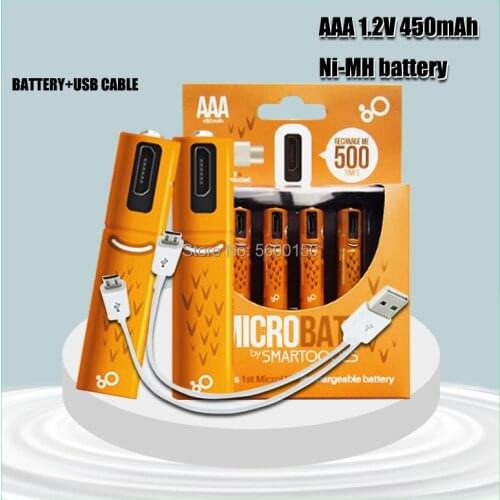 100% capacity 1.2V 450mAh AAA Ni-MH rechargeable Battery usb battery with USB cable