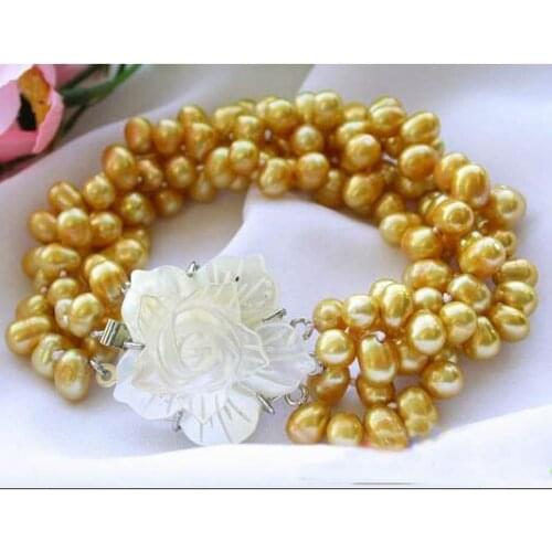 Unique Pearls jewellery Store 4row 7mm Yellow Rice Freshwater Cultured Pearl Bracelet Fine Jewelry Women Gift