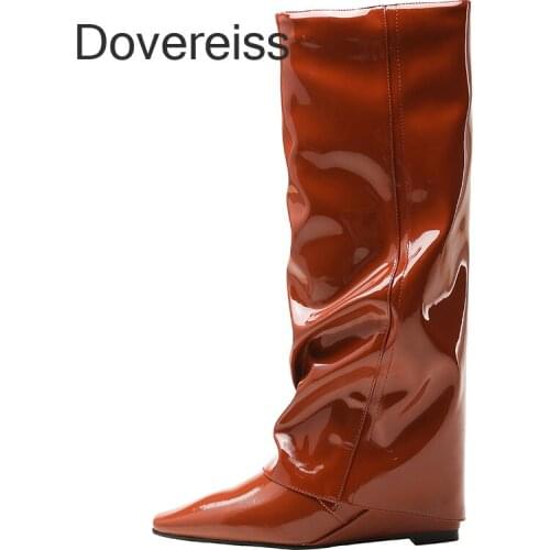 Dovereiss Fashion Winter Sexy Elegant Pure Color Brown Concise Mature Pointed Toe Retro Green Genuine Leather Knee High Boots 42