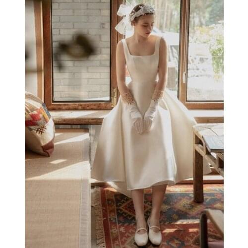 Elegant Simple A-Line Square Neck Satin Vintage Sleeveless Backless Bowtie Ankle Length Wedding Gown Wedding Dress Bride