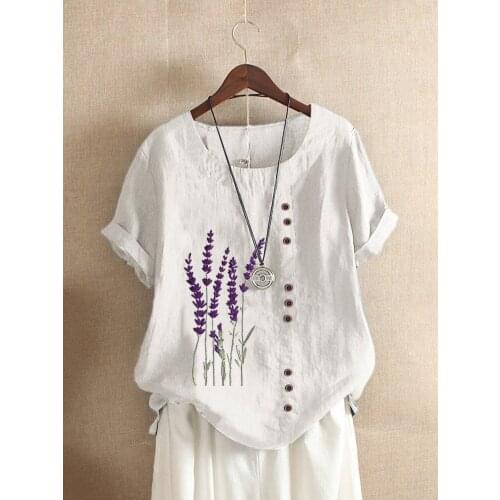 Printed T Shirt Shirts Cotton and Linen Printed T Shirt Tops for Women Summer Loose Lavender
