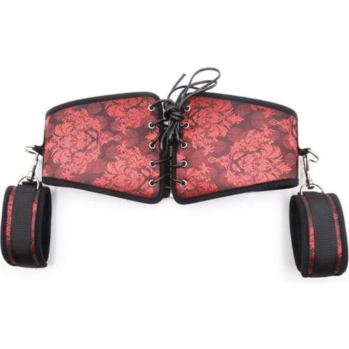 Red Chinese style rosy faux leather Tie waist bondage handcuffs adult restraints for erotic game sex toys for couples