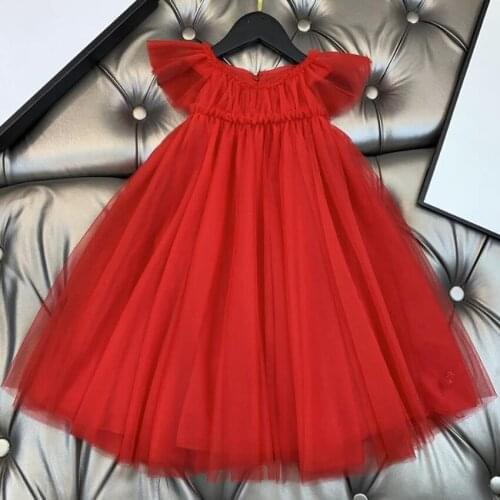 Baby girl summer red flying sleeve mesh princess dress kids vintage birthday party wedding dress