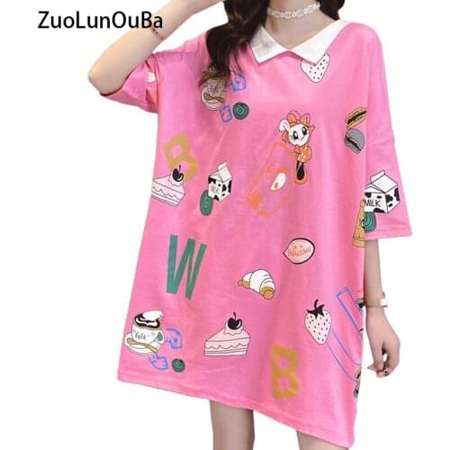 Zuolunouba Summer Long Women T Shirt Double-Sided Wear Short-Sleeved Fashion Tees Print Milk Bread Party Pink Tops Female