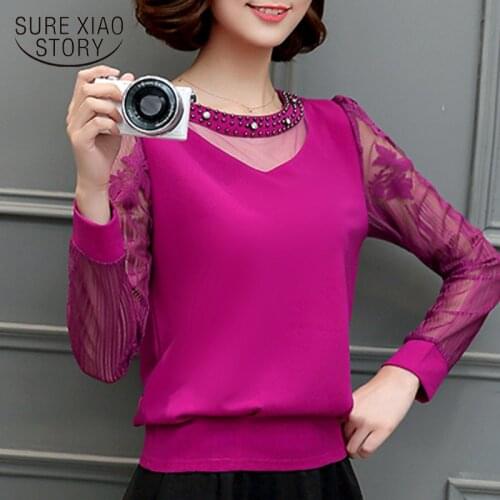 Fashion woman blouses 2021 new Plus size fashion long sleeve Women shirts female Patchwork lace Chiffon blouse shirt Tops 82H 25