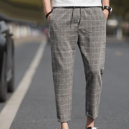 Plus Size Men Pants Trouser Plaid Drawstring Pockets Elastic Waist Pencil Trousers Ninth Pants Ankle Length Pants Streetwear