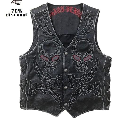 2020 Black Men Skulls Embroidery Motorcycle Leather Vest Plus Size 5XL Genuine Cowhide Short Bikers Leather Vest FREE SHIPPING