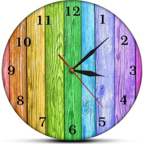 Colorful Wood Background Retro Printed Wall Clock Modern Rustic Decoration Rainbow Colors Old Planks Farmhouse Style Wall Clock