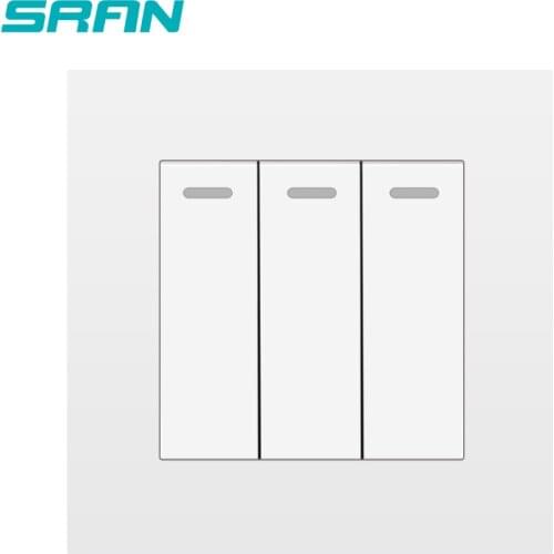 SRAN UK wall light switch 3 gang 1/2 way 16A 220v PC panel 86mm*86mm light control rocker switch