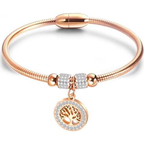 Stainless Steel Rose Gold Tree of Life Cubic Zirconia Bead Snake Chain Bracelet Bangle Jewelry Gift For Him