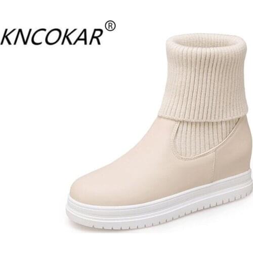 KNCOKAR New sweet womens shoes for autumn/winter flat non-slip knitted womens white boots thick-soled yarn boots
