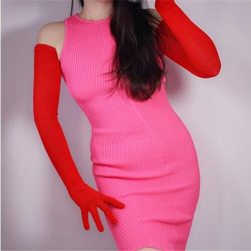 Extra Long Wool Gloves 70cm Knitted Five-Finger High Elastic Wool-Containing WomenS School Uniform Warm Big Red ZZ70-6