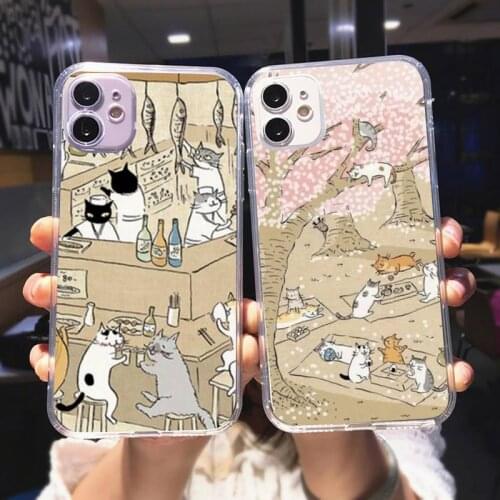 Zororong Japanese Cat Drink transparent Phone Case For iPhone 12 Mini 11 Pro XS Max X XR 7 8 Plus