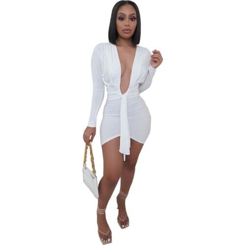 Sexy Deep V Neck Dress 2021 Elegant Black White Long Sleeve Lace Up Bodycon Mini Women Dress Bandage Night Club Party Dresses