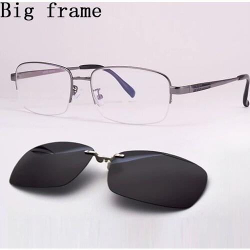 Half-Frame Glasses Silver For Men With Magnet Clips Fat Face Myopia Gold Wide Big Face Spectacles Polarized Mirror Sunglasses