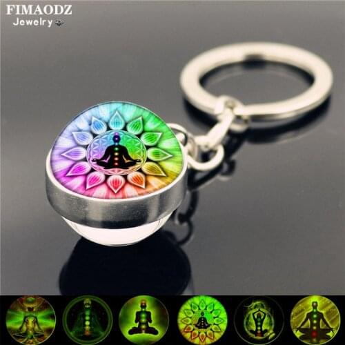 FIMAODZ Luminous 7 Chakra Keychain Yoga Meditation Buddha Buddhism Lotus Double Sided Glass Ball Key Chain for Men Women Gift