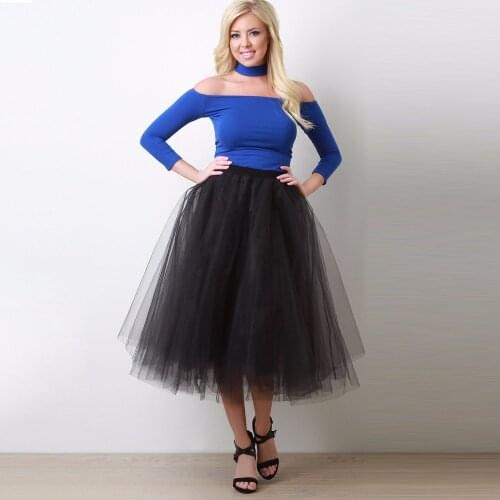 Black White Puffy Rigid Tea Leng Tulle Skirts For Women Mid Calf Tulle Skirt Length 85 CM Elastic Style Color Free High Quality