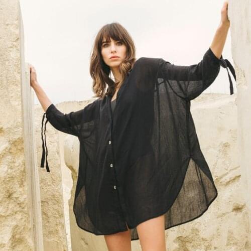 Women Middle Sleeve Blouse Loose Solid Color Casual See-through Hollow Clothing bathing suit beach dress swimsuit cover up