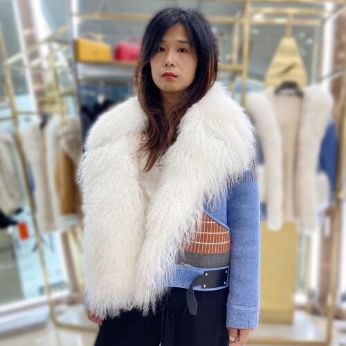 Real Sheepskin Fur Coat Women Denim Jacket Natural Lamb Fur Collar Wool Liner Outwear Fashion Warm Slim Coats