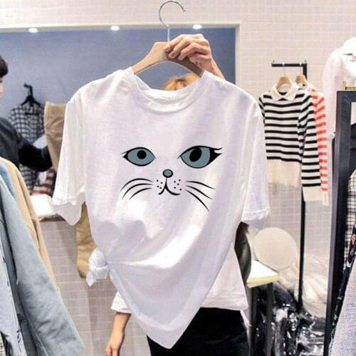 2020 kawaii Cat Face Print Women T Shirt Summer Fashion Short Sleeve t-shirt Casual White Female Tee Tops HH014