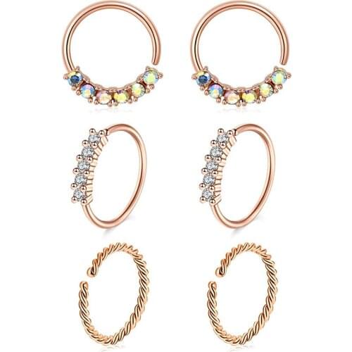 6Pcs 20g Daith Earring Hoop Cartilage Helix Hoop Ring for Women Girl Stainless Steel and CZ Style Nose Septum Piercing Ring 8mm