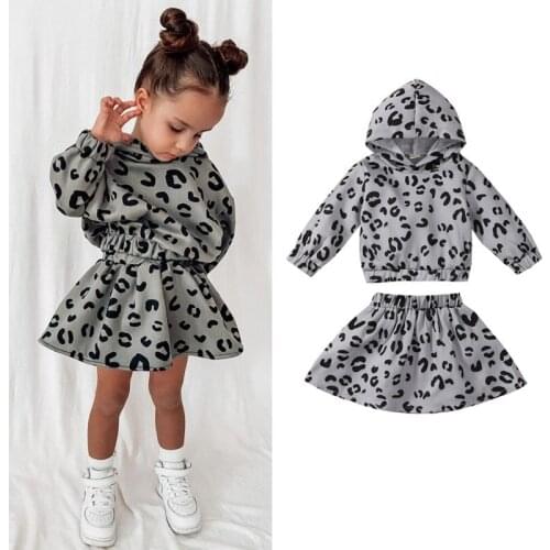 1-6Y Autumn Fashion Children Girls Clothing Sets Kids Girls Leopard Print Hooded Sweatshirts Tops+A-line Skirts Casual Outfits